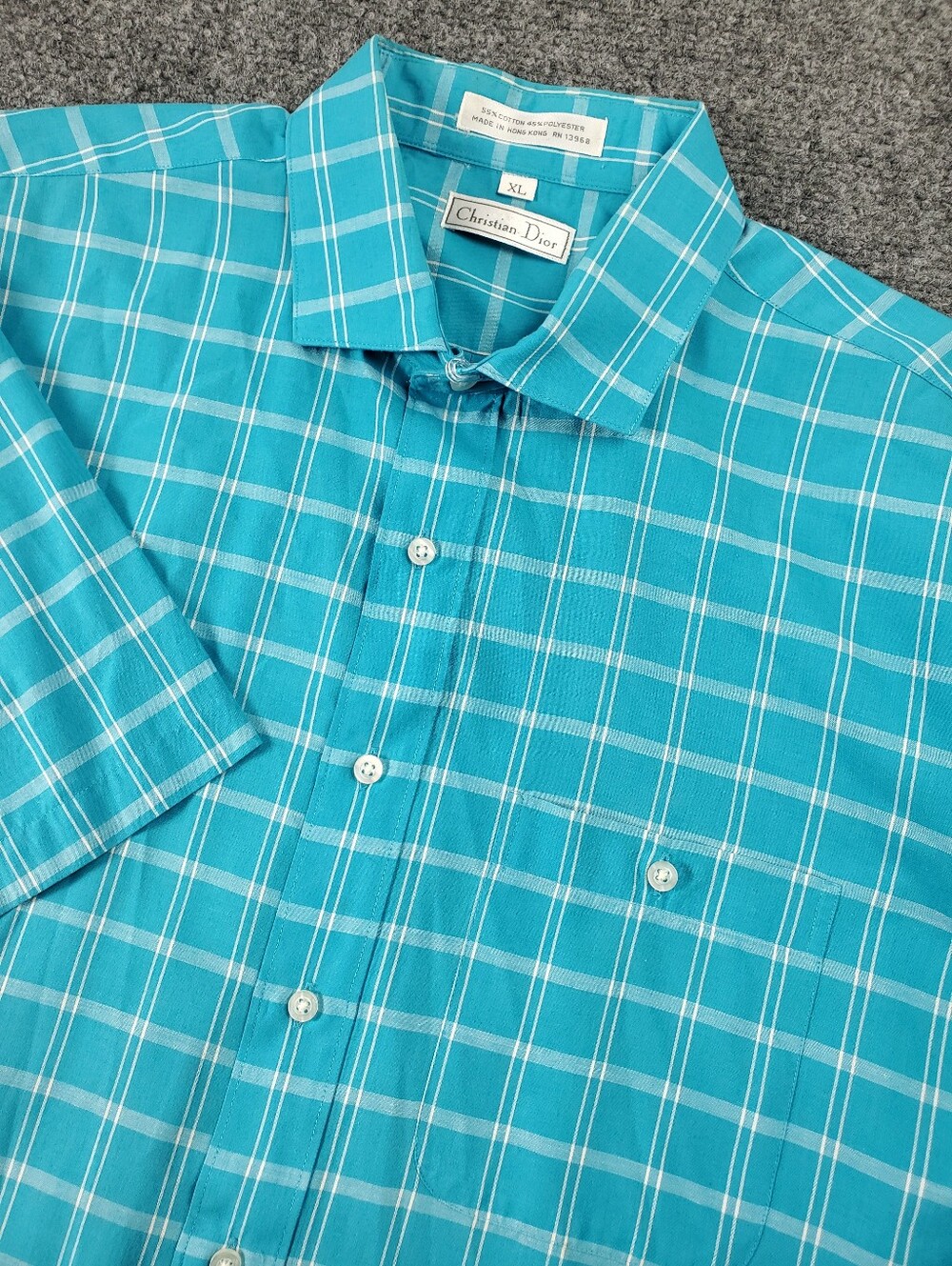 Vintage Christian Dior Short Sleeve Shirt XL Teal Turquoise Plaid Windowpane